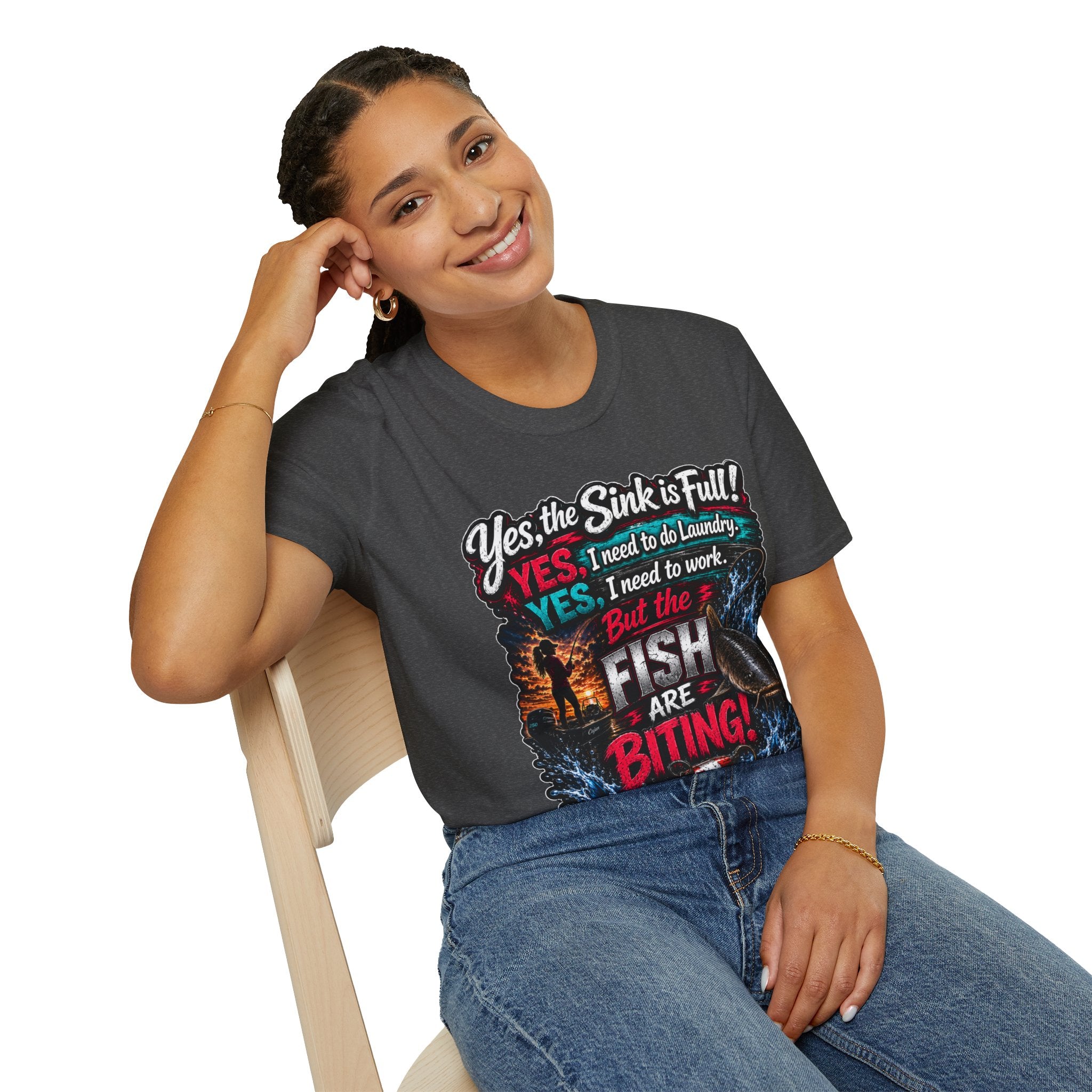 Fishing Humor T-Shirt — “Yes, the Sink is Full! But the Fish Are Biting”