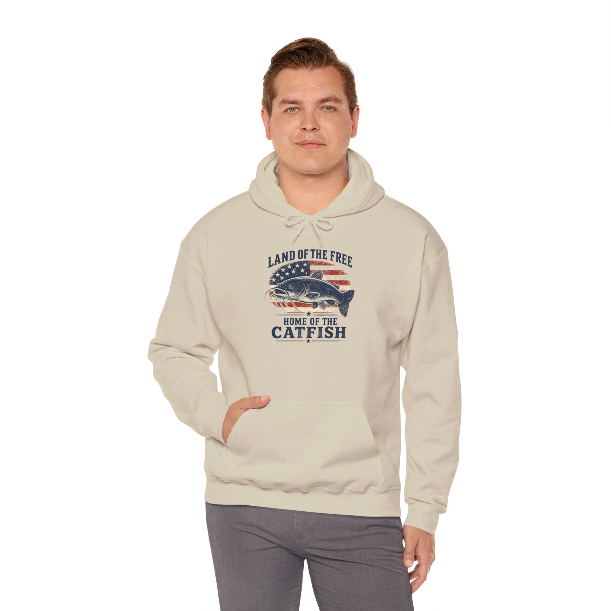 Patriotic "Land of the Free, Home of the Catfish" Hoodie – American Flag Catfish Fishing Sweatshirt