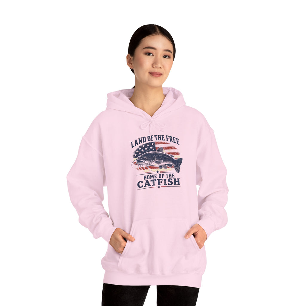 Patriotic "Land of the Free, Home of the Catfish" Hoodie – American Flag Catfish Fishing Sweatshirt