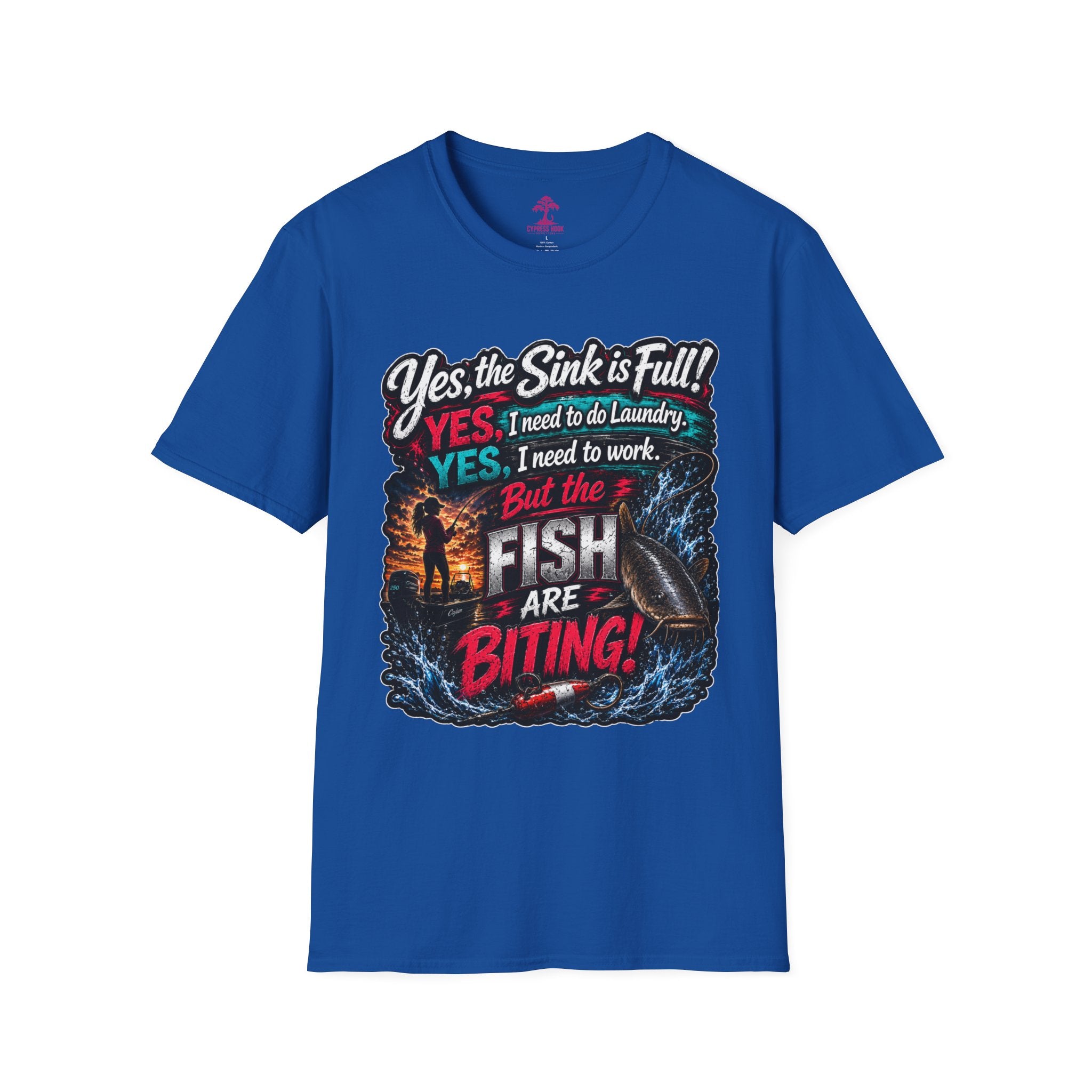 Fishing Humor T-Shirt — “Yes, the Sink is Full! But the Fish Are Biting”