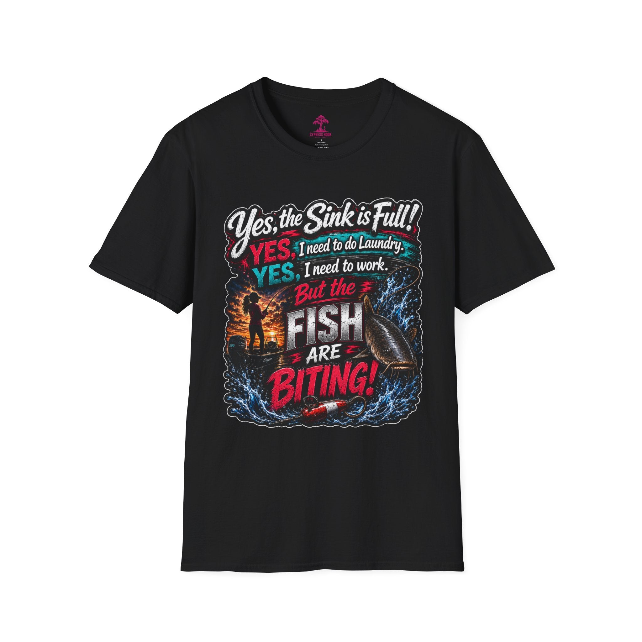Fishing Humor T-Shirt — “Yes, the Sink is Full! But the Fish Are Biting”