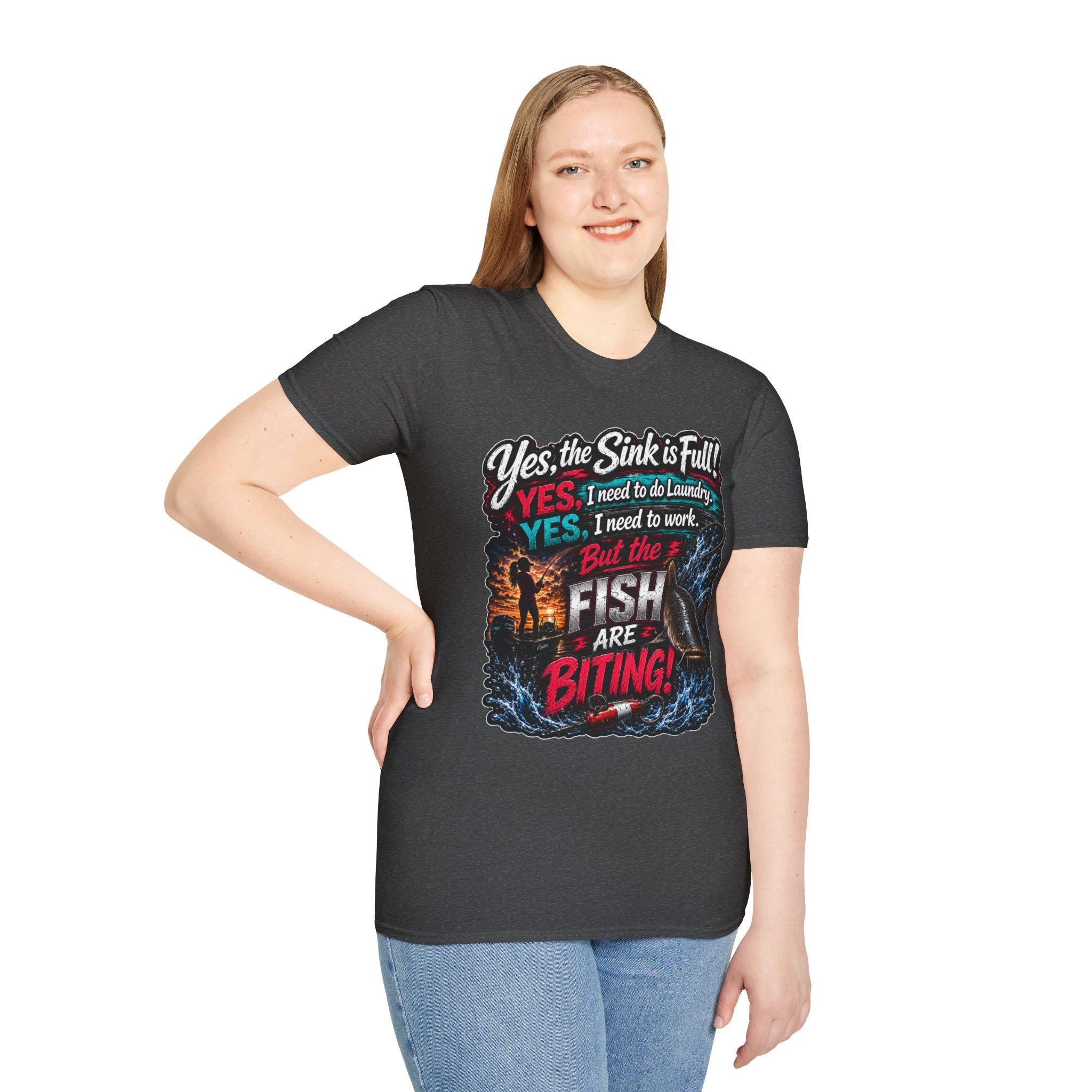 Fishing Humor T-Shirt — “Yes, the Sink is Full! But the Fish Are Biting”